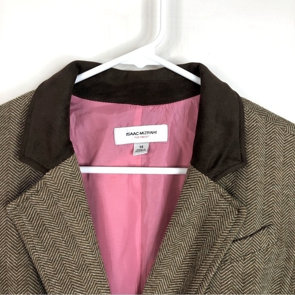 Isaac Mizrahi for Target Brown Herringbone Blazer suede collar and elbow size 14 - Picture 3 of 13